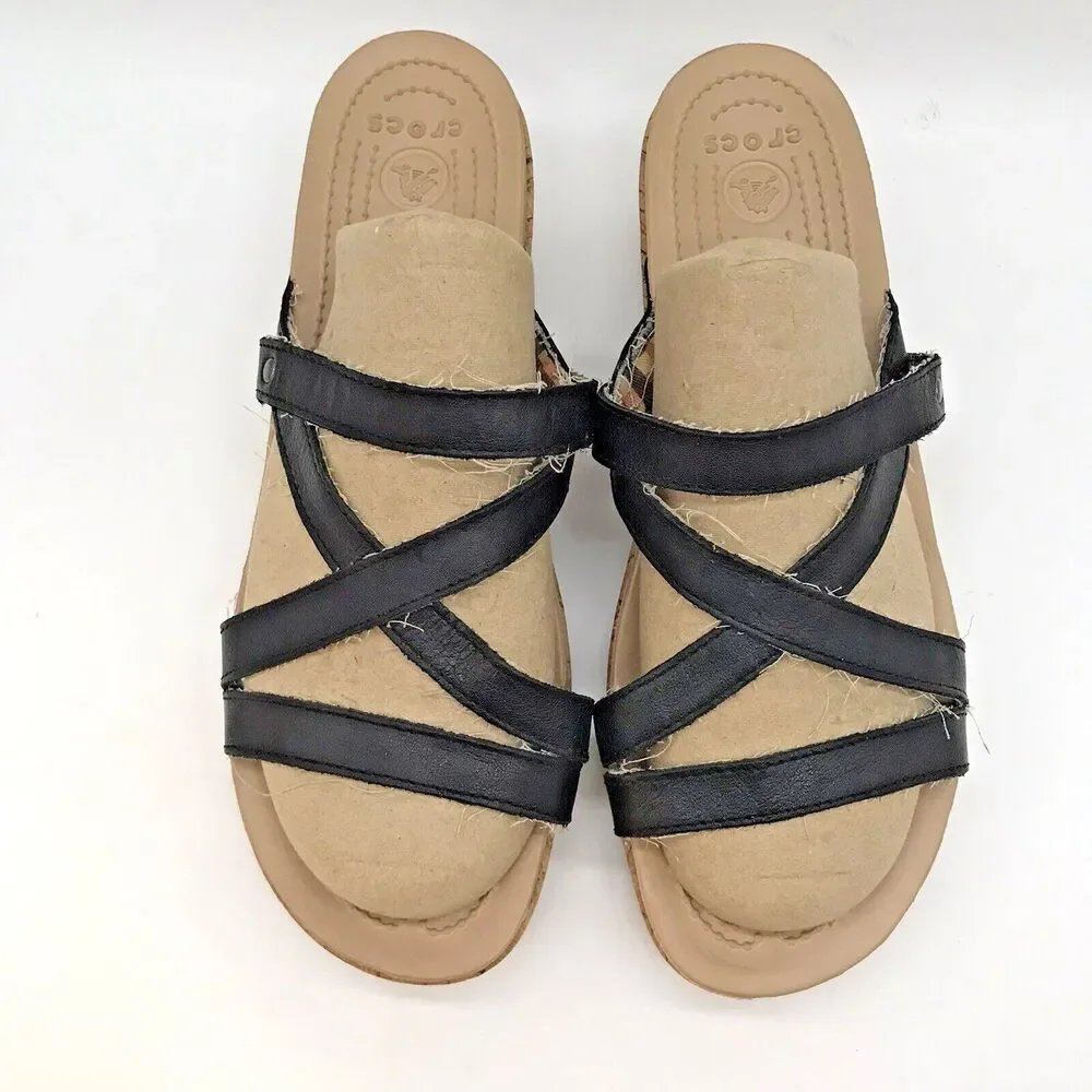 CROCS A-Leigh Black Leather Straps Cork Wedge Heels Women's 10 Slides Sandals